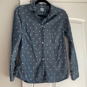 JCrew denim button down with white polka dots.